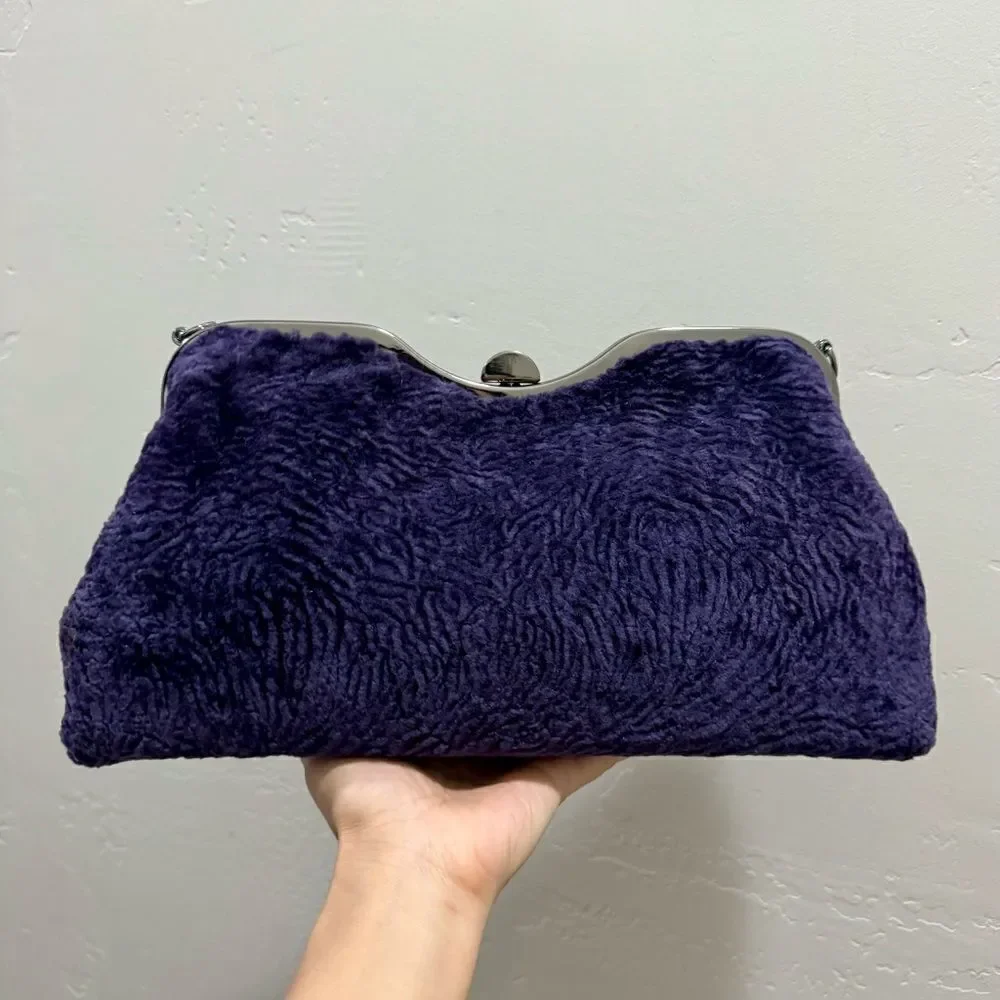 Purple Handmade Real Shearling leather Push Lock Shoulder Bag/Crossbody